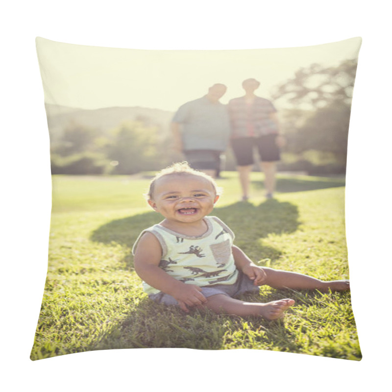 Personality  Photo Of The Baby And His Grandparents In The Background. Smiling Cute Mixed Race Baby Boy Sitting On The Grass Outdoors Being Watched By His Grandparents Pillow Covers