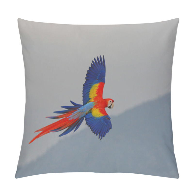 Personality  Scarlet Macaw Parrot Flying Over The Mountain. Pillow Covers