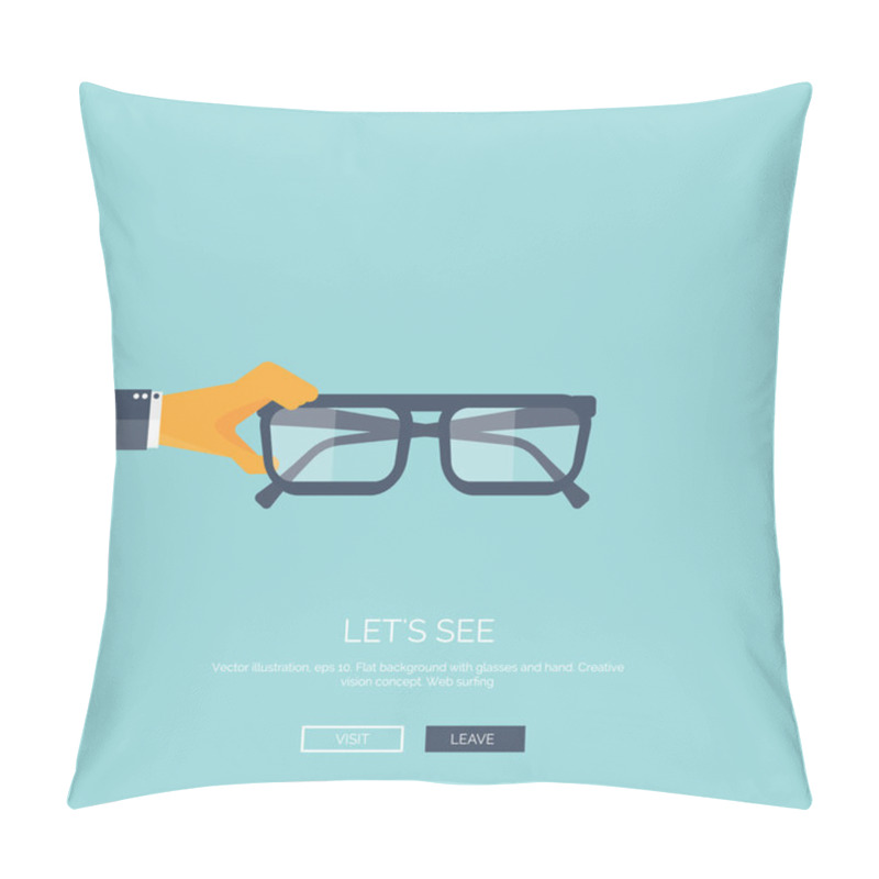 Personality  Vector Illustration. Flat Background With Hand And Glasses. Lets See. Eye Care And Protection. Pillow Covers