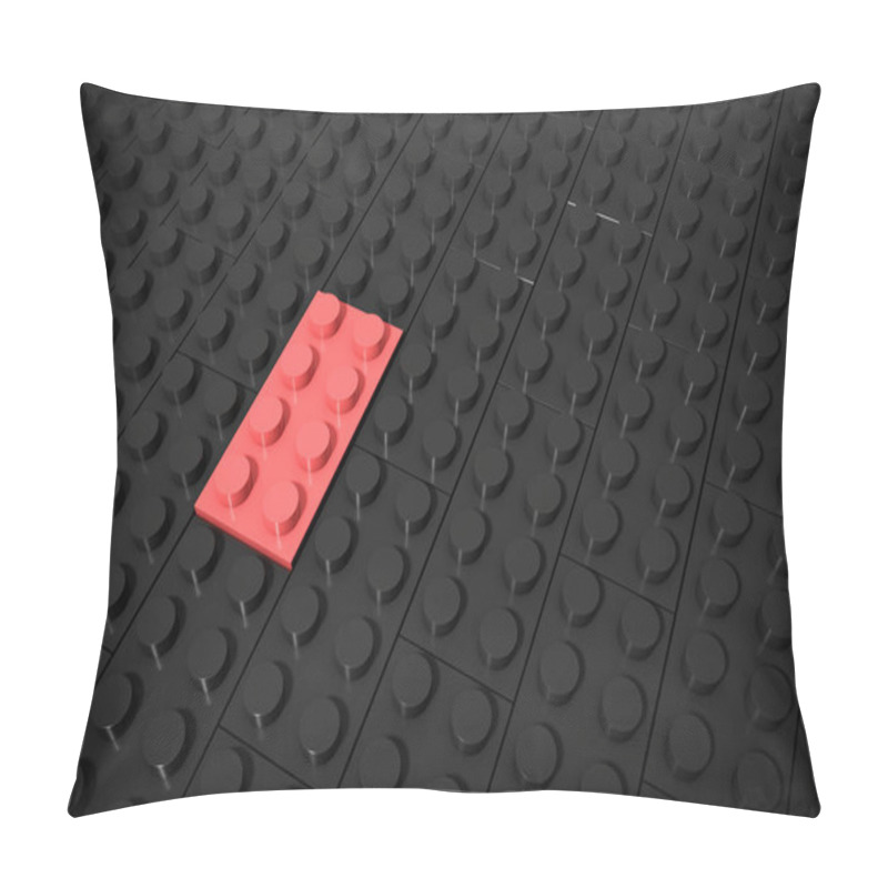 Personality  3d Illustration: Red Different Toys Piece Lies Separately On A Black Background Is Inserted In The Groove. Business Concept: Unique, Not Like Everyone Else. Cube Children's Plastic Of Erector Set. Pillow Covers