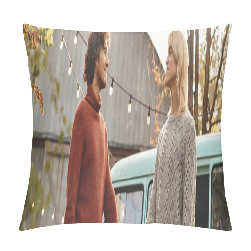 Personality  Young Loving Gay Couple Dressed In Warm Sweaters Share A Moment In An Autumn Landscape. The Soft Glow Of String Lights Illuminates Their Surroundings, Creating A Cozy Atmosphere Near A Vintage Van. Pillow Covers