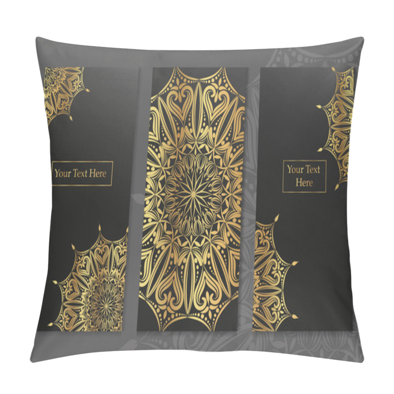 Personality  Three Vector Greeting Cards With Gold Lace Elements And With Place For Text On A Black Background Pillow Covers