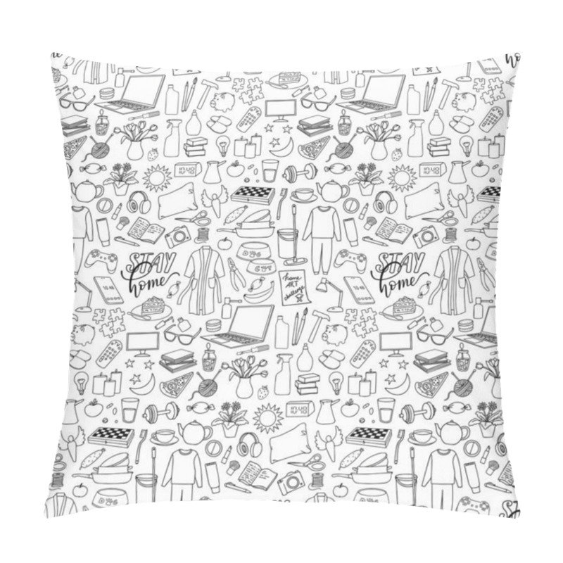 Personality  Hand Drawn Stay Home Vector Seamless Pattern With Home Objects Pillow Covers