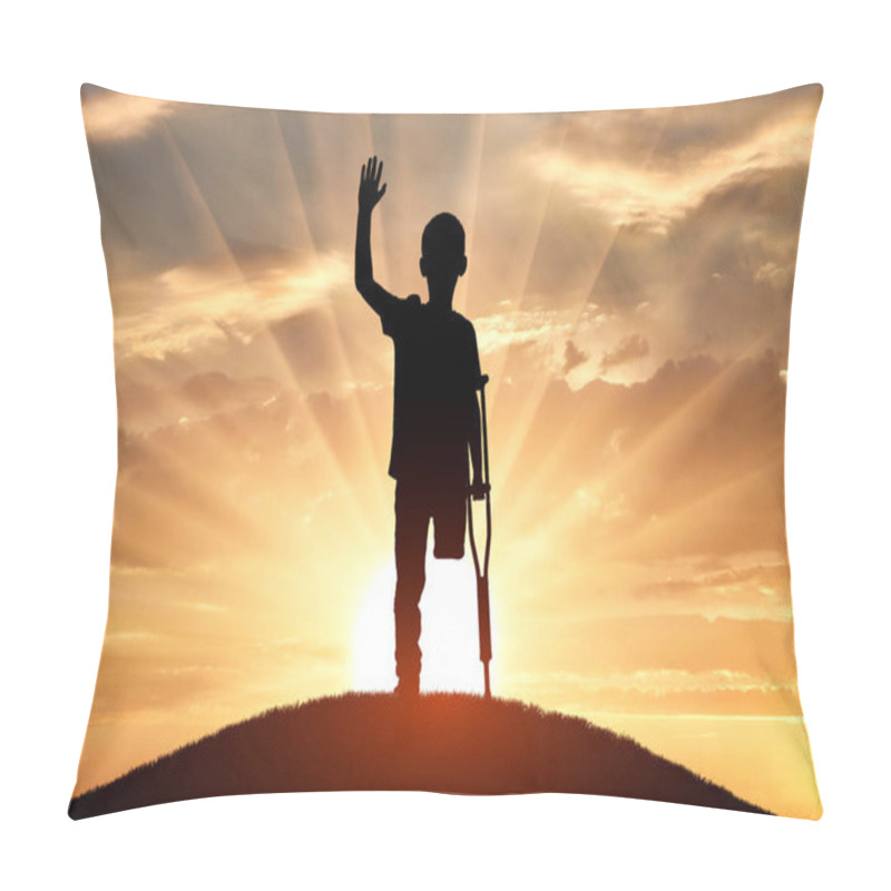 Personality  A Silhouette Of A Young Disabled Boy With A Crutch Standing On A Hill, Raising His Hand Against A Stunning Sunset Backdrop. This Powerful Image Symbolizes Resilience, Hope, And The Triumph Of The Human Spirit Over Disabled Pillow Covers