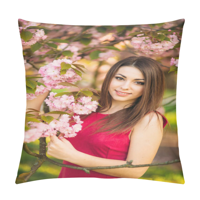 Personality  Portrait Of Beutiful Girl In Sakura Tree. Sakura Flowers Surround The Girl. Sakura Branch By Her Face. Japanese Tree Pillow Covers