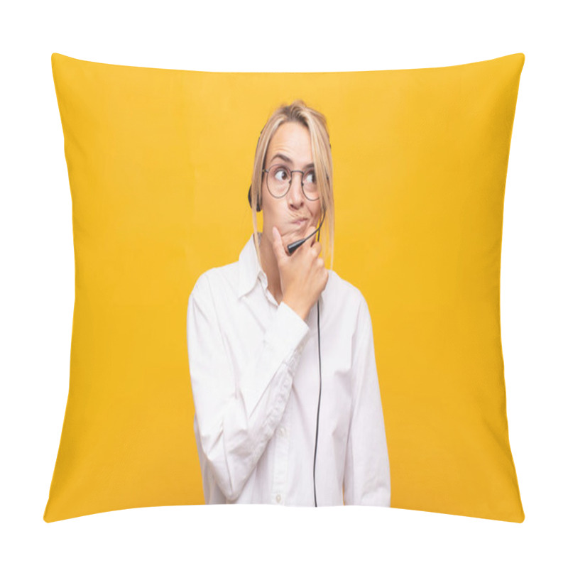 Personality  Young Woman Telemarketer Thinking, Feeling Doubtful And Confused, With Different Options, Wondering Which Decision To Make Pillow Covers