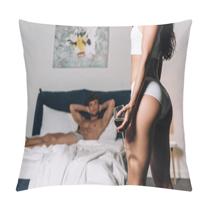 Personality  Partial View Of Sexy Girl In Lingerie Holding Glass Of Red Wine While Shirtless Boyfriend Lying In Bed Pillow Covers