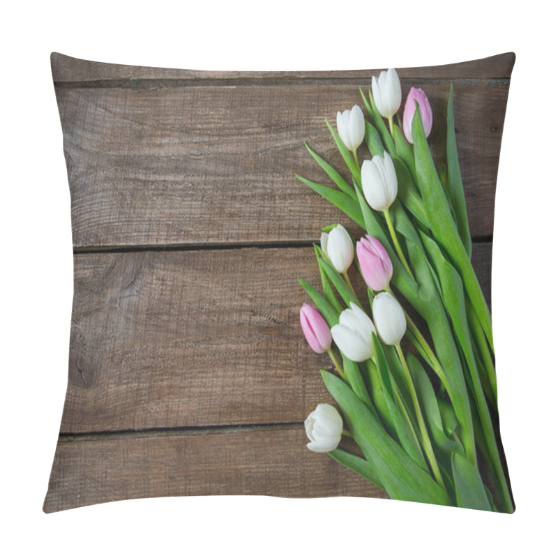 Personality  Beautiful Fresh Tulips On Wooden Surface Pillow Covers