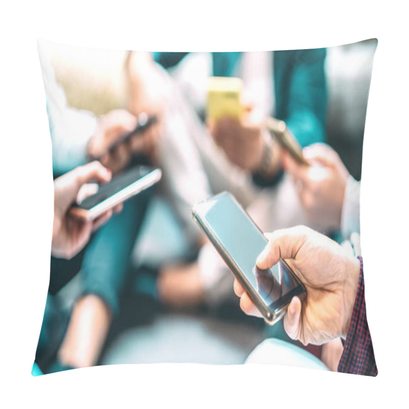 Personality  Close Up Of People Using Mobile Smart Phones - Detail Of Friends Sharing Photos On Social Media Network With Smartphone - Technology Concept And Cellphone Culture With Selective Focus On Right Hand Pillow Covers