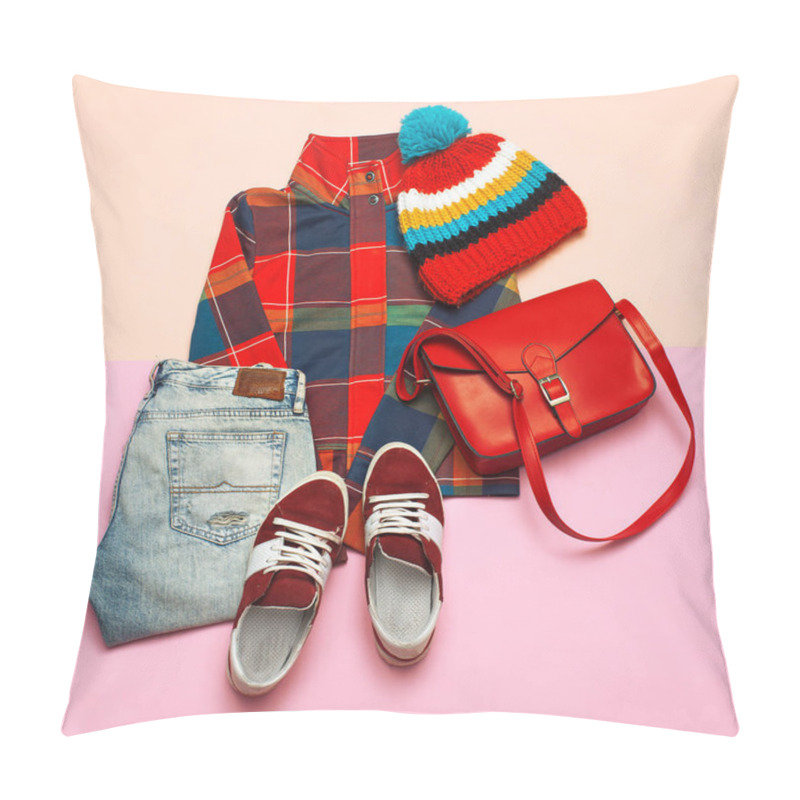 Personality  Stylish Set Of Clothes. Checkered Jacket And Bright Accessories. Pillow Covers