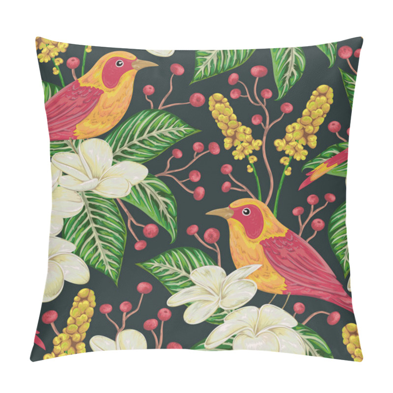 Personality  Seamless Pattern With Tropical Birds, Flowers,berries And Leaves. Exotic Flora And Fauna. Vintage Hand Drawn Vector Illustration In Watercolor Style Pillow Covers