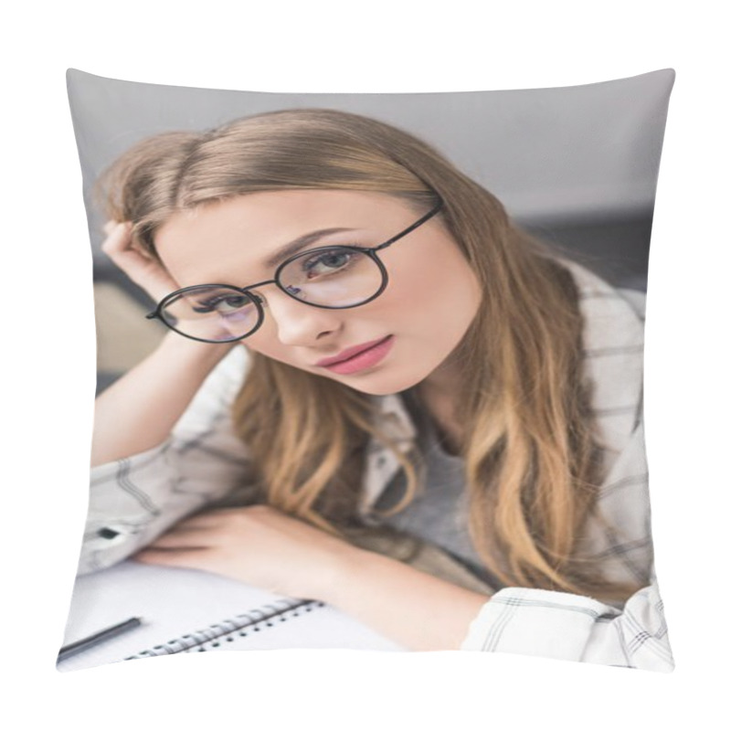 Personality  Beautiful Tired Studert Girl With Notebook Sitting At Workplace And Looking At Camera Pillow Covers