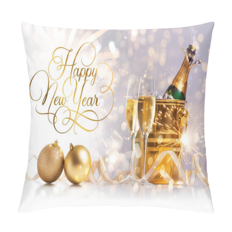 Personality  Happy New Year. Two Glasses Of Champagne And A Bottle Of Champagne In A Golden Bucket With Ice On The Background Of Bokeh And Sparklers Pillow Covers