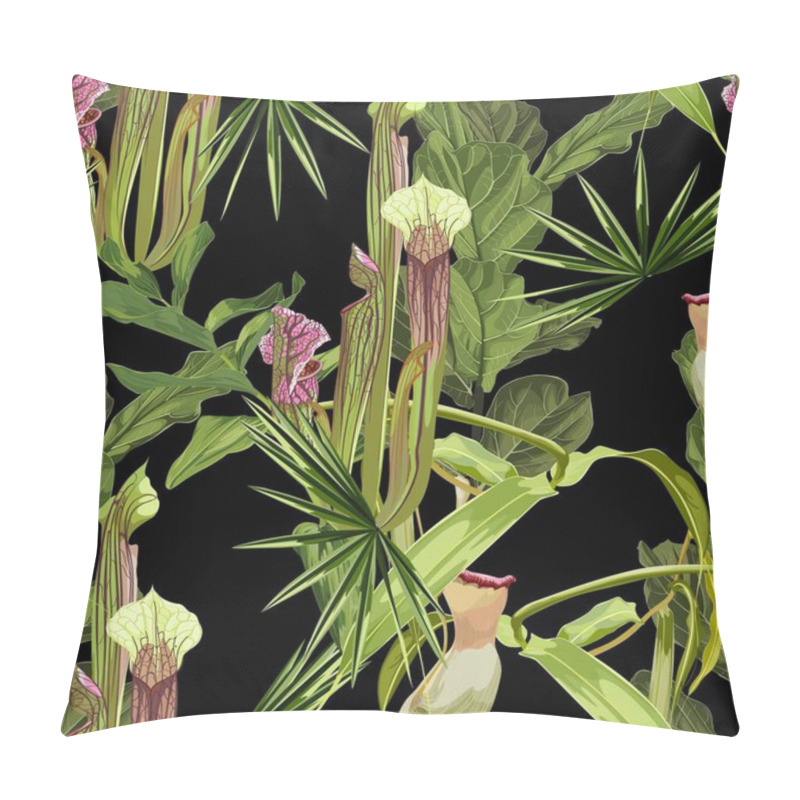 Personality  Sarracenia Exotic Flowers. Seamless Floral Pattern With Green Glossy Flowers And Palm Leaves. Tropical Pattern On A Black Background.  Pillow Covers