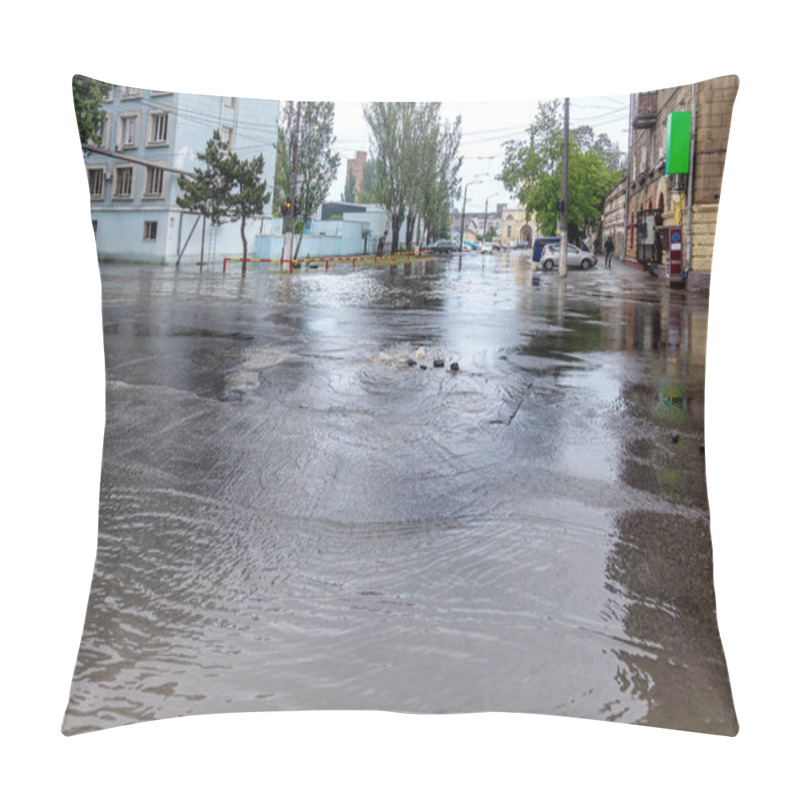 Personality  Flooding After Heavy Rains In City. Sewage Broke Open Asphalt And Blew Up Fountain. Dirty Sewage Broke Through Storm Sewer And Spilled Onto Streets Of City After Rain. Danger Of Epidemic And Infection Pillow Covers