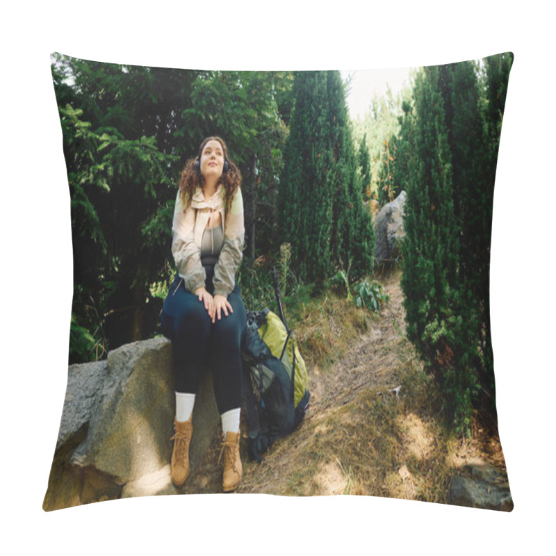 Personality  A Joyful Plus Size Woman Relaxes In A Picturesque Forest, Surrounded By Natures Beauty. Pillow Covers