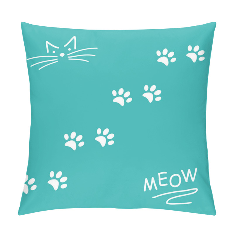 Personality  Blue Vector Background, With White Kitten Footprints.  Pillow Covers