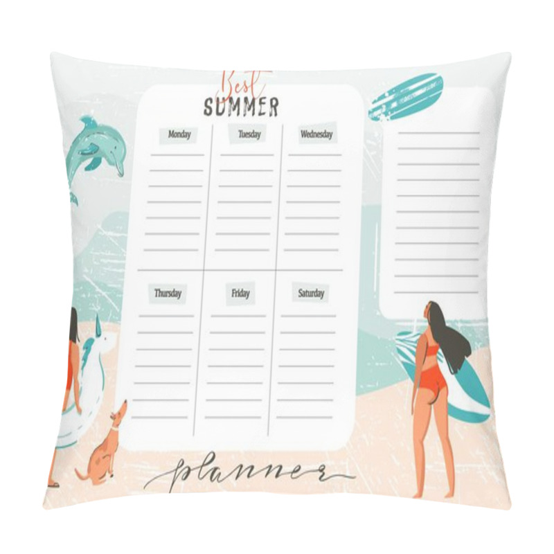 Personality  Hand Drawn Vector Abstract Exotic Summer Time Funny Best Summer Weekly Organize Page Template With Surfer Girls,surfboard,dog,unicorn Float Fing Buoy Isolated On On On Blue Ocean Waves Water Pillow Covers