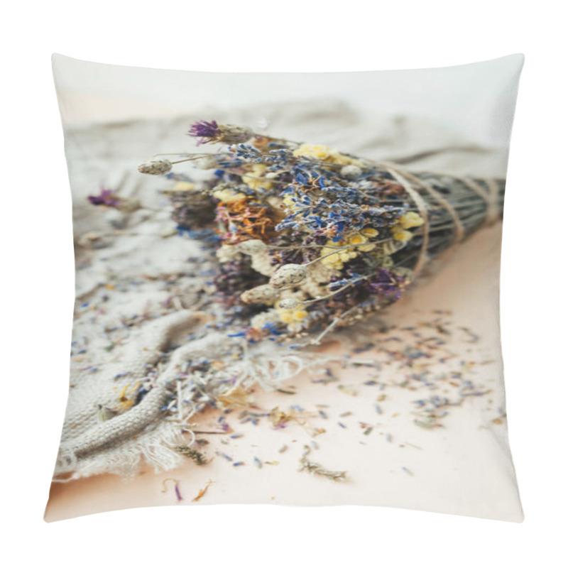 Personality  Bouquet Of Dried Flowers: Lavender, St. John's Wort Grass, Buttercups, Cornflowers. Dried Flowers For Aromatherapy. Twists Of Fragrant Grass For Fumigation Of Premises. Selective Focus. Pillow Covers