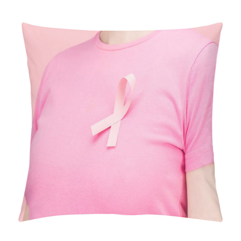 Personality  Close Up View Of Woman In Pink T-shirt With Breast Cancer Sing Isolated On Pink Pillow Covers