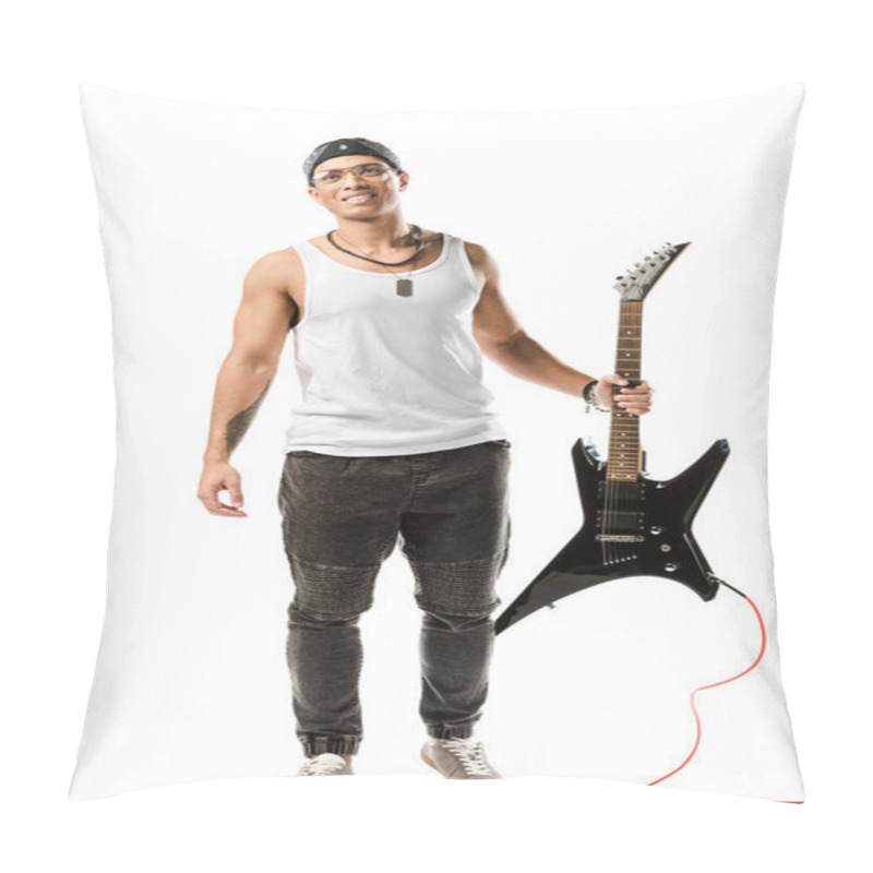 Personality  Happy Young Male Rock Musician Posing With Black Electric Guitar Isolated On White Pillow Covers