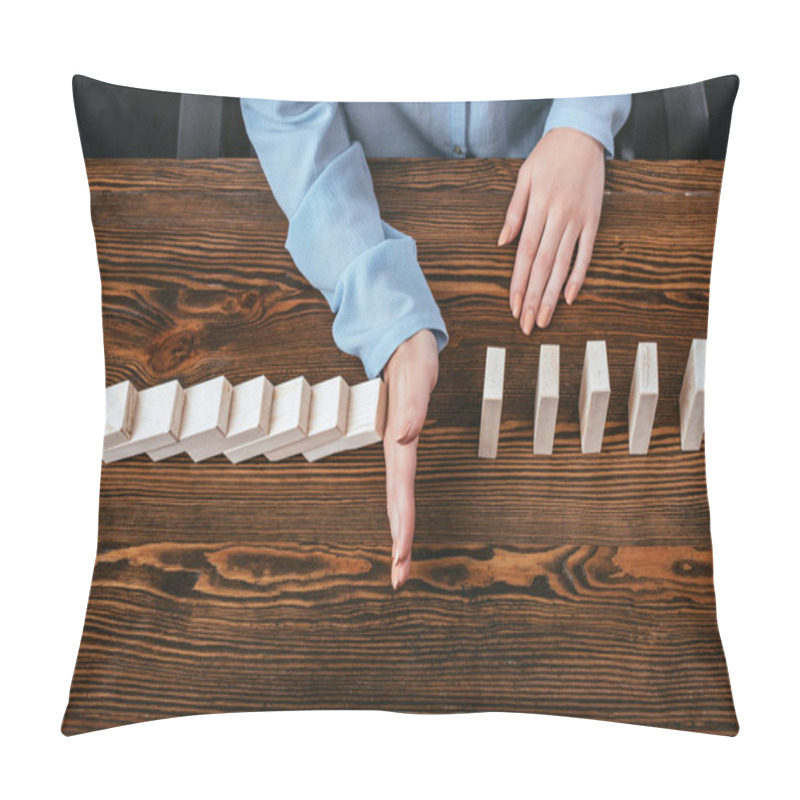 Personality   Top View Of Woman Sitting At Desk And Preventing Wooden Blocks From Falling With Hand Pillow Covers