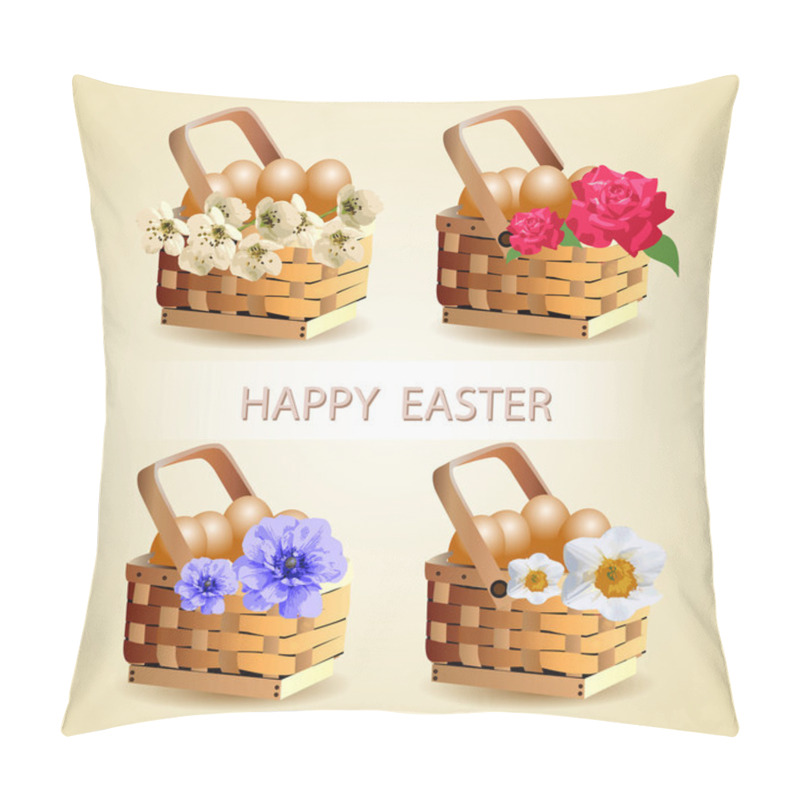 Personality  Easter Eggs In Basket With Spring Flower Decoration. Vector Pillow Covers