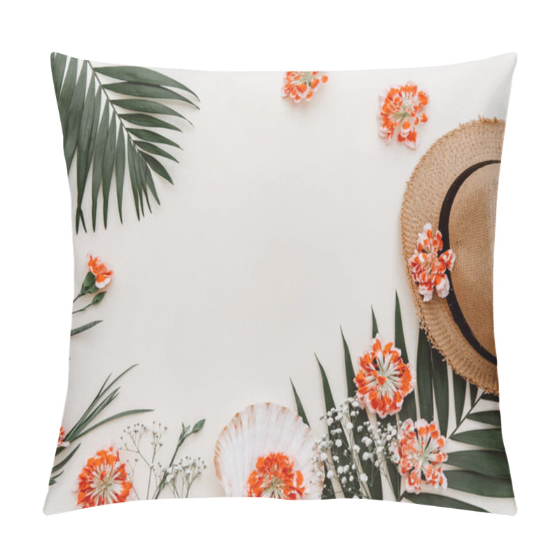 Personality  Flat Lay Summer Composition. Creative Concept Tropical Leaves And Straw Hat. Top View, Copy Space Pillow Covers