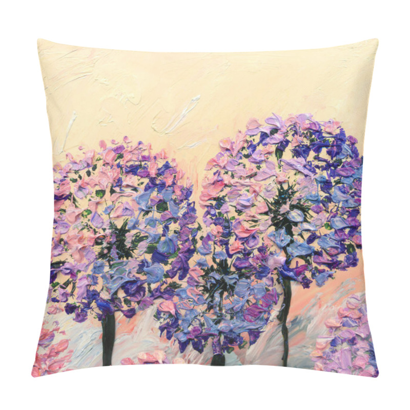 Personality  Bright Gouache Paint Summer Pattern View. Vibrant Lavender Hand Drawn Acrylic On Light Paper In Retro Canvas Brush Artwork Card Style. Delicate Magenta Color Fresh Bush Branch On Pink Sunset Sky Scene Pillow Covers