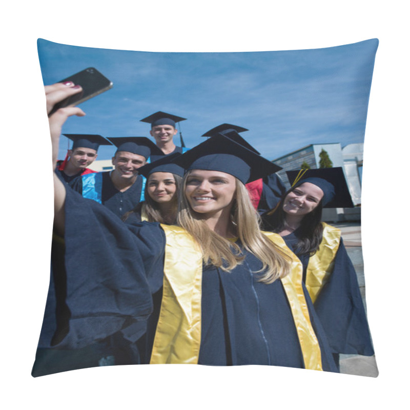 Personality  College Graduates In Graduation Gowns Making Selfie Photo Pillow Covers