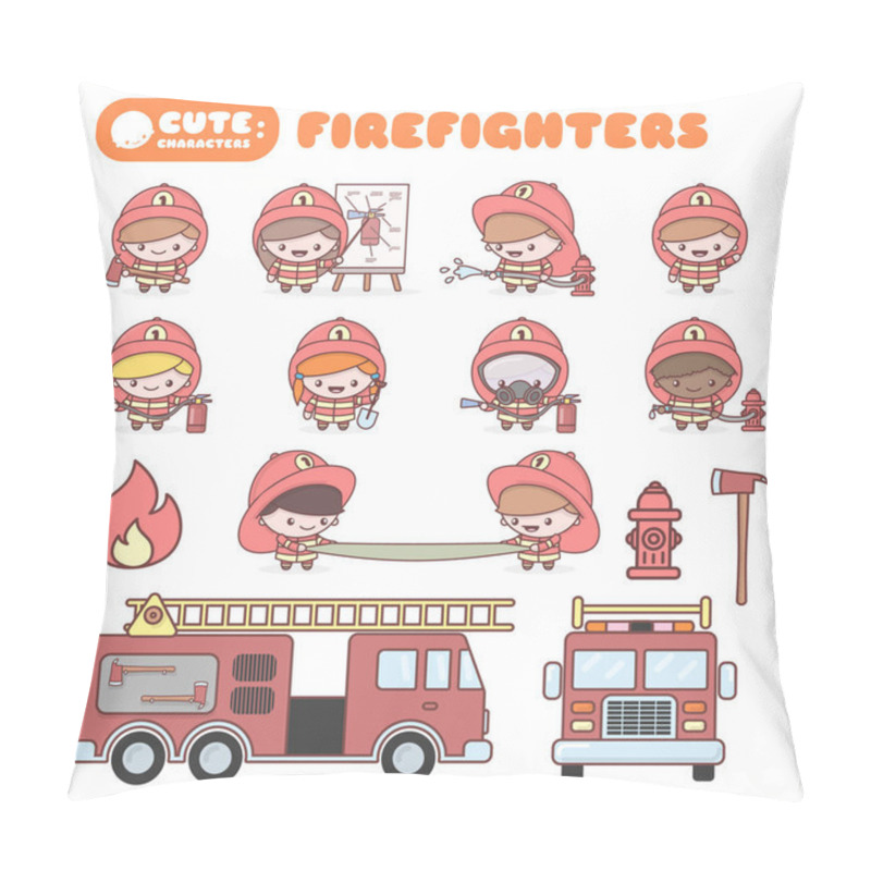 Personality  Cute Chibi Kawaii Characters Profession Set: Firefighters. Pillow Covers