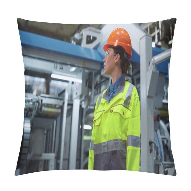 Personality  Attractive Engineer Look Camera On Manufacturing Modern Factory. Plant Concept Pillow Covers