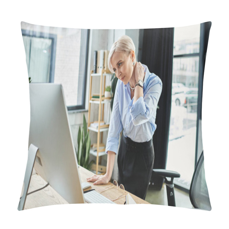 Personality  Middle-aged Businesswoman With Short Hair Works On Laptop Computer During Menopause In Office. Pillow Covers