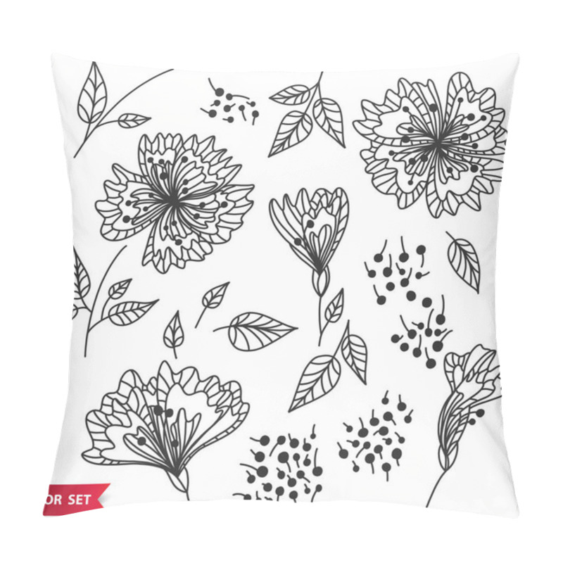 Personality  Vector Set Of Hand Drawing Wild Plants, Herbs And Flowers, Monochrome Artistic Botanical Illustration, Isolated Floral Elements, Hand Drawn Illustration. Pillow Covers