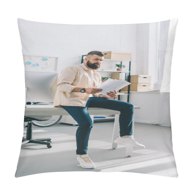 Personality  Office Worker Sitting On Desk And Looking At Papers In Office  Pillow Covers