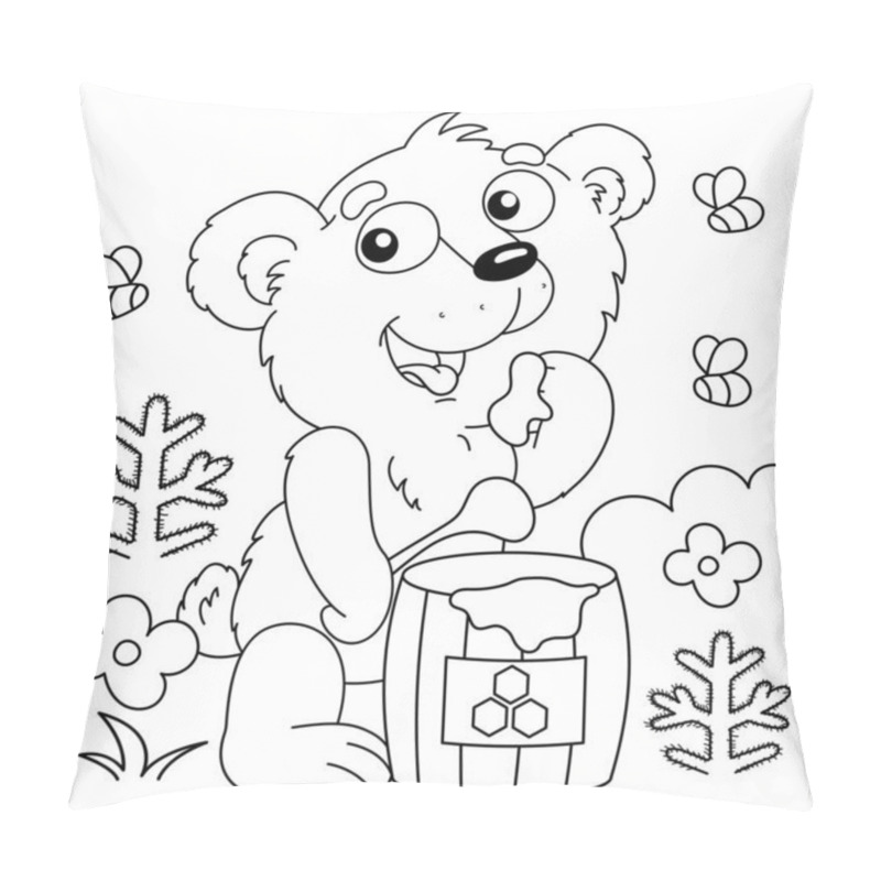 Personality  Coloring Page Outline Of Cartoon Little Bear With Barrel Of Honey. Coloring Book For Kids. Pillow Covers