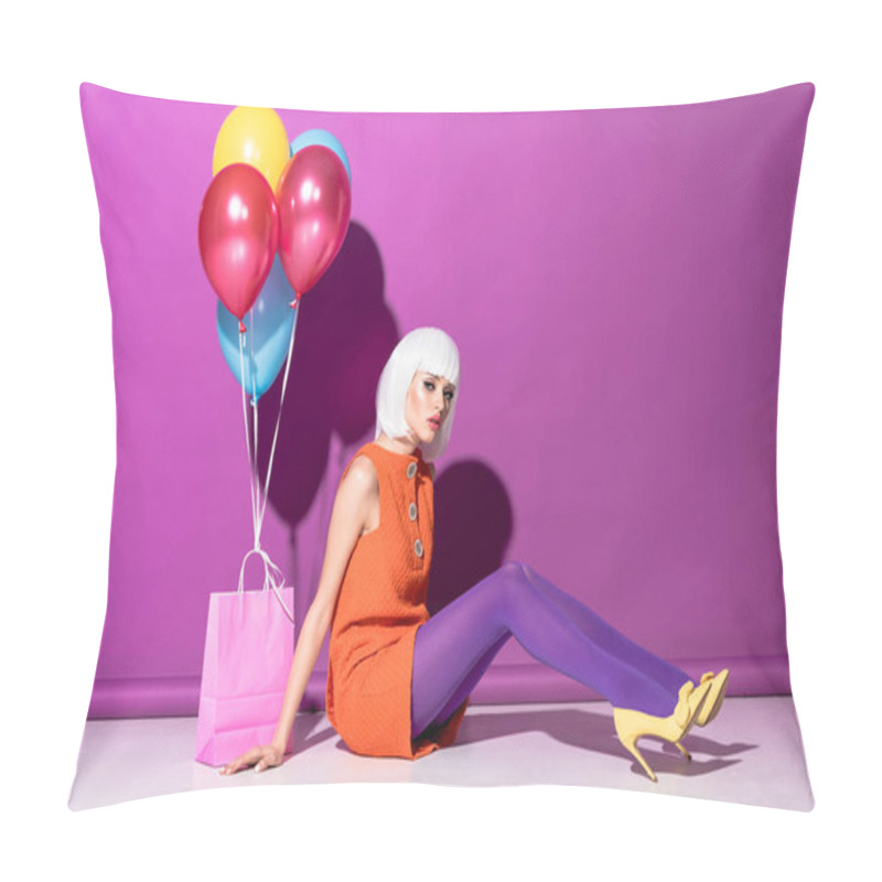 Personality  Charming Young Woman In Wig With Air Balloons Sitting On Purple Background Pillow Covers