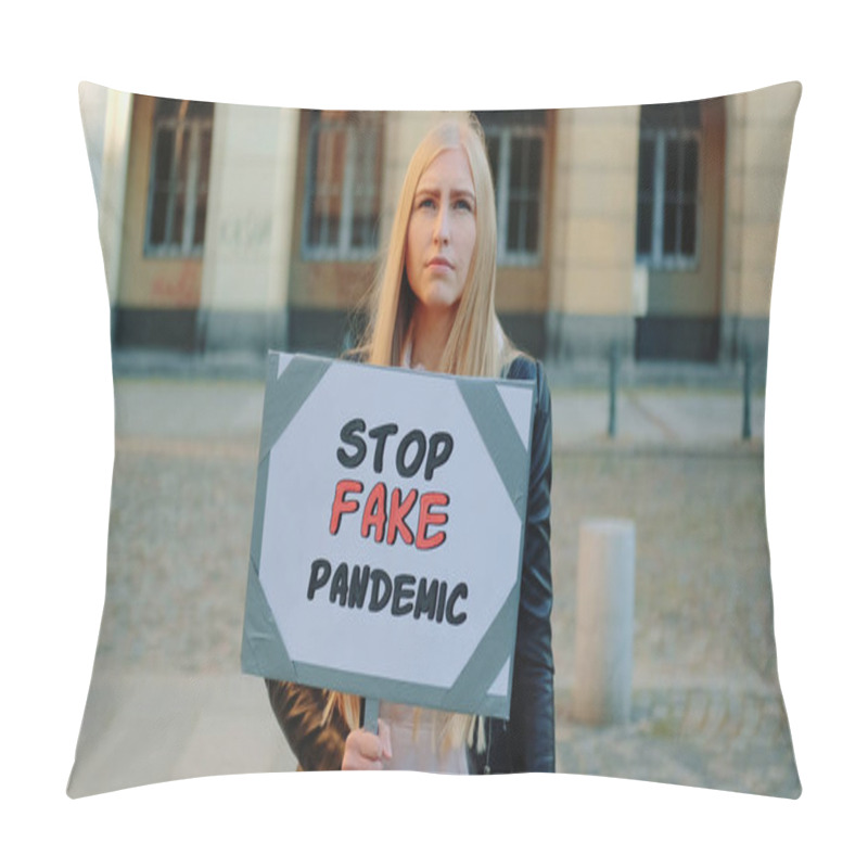 Personality  Young Woman Protesting Against Fake Pandemic Pillow Covers