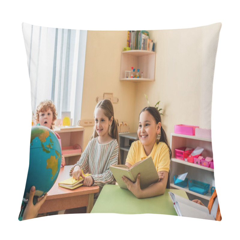 Personality  Happy Multiethnic Children Looking At Teacher Holding Globe In Classroom Pillow Covers