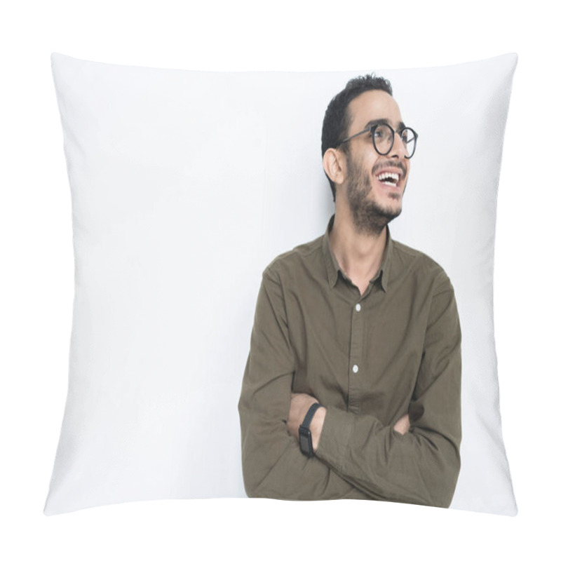 Personality  Laughing Guy In Eyeglasses And Casualwear Crossing Arms On Chest While Standing In Isolation With Copyspace On The Left Pillow Covers