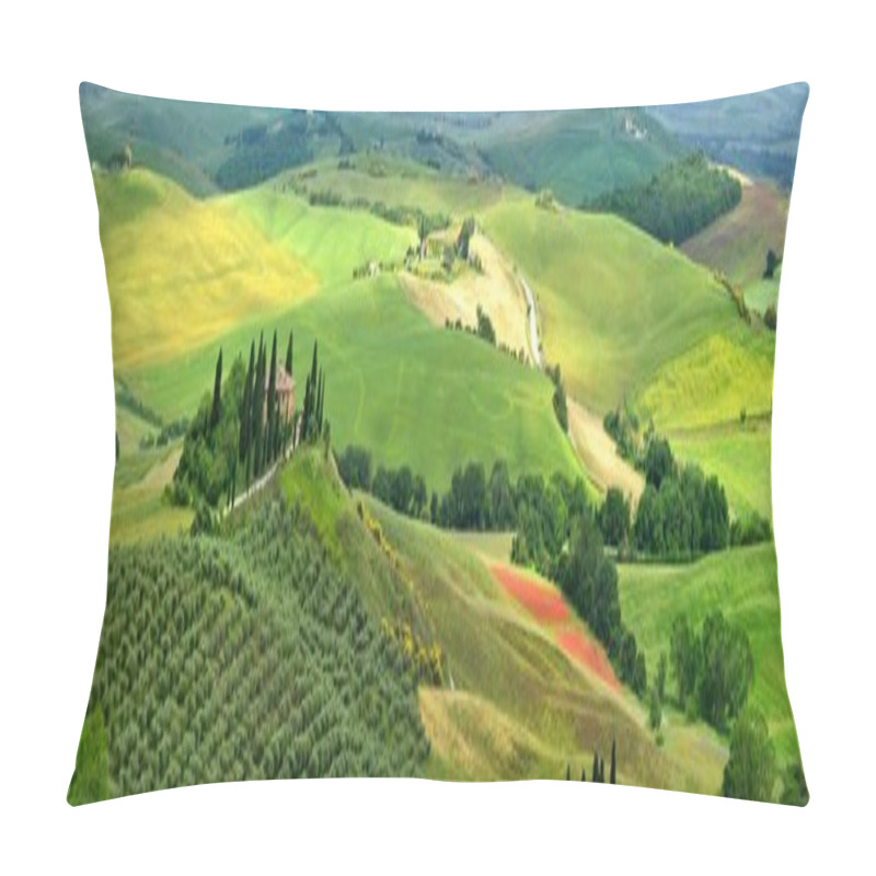 Personality  Pienza, Tuscany - June 2019: Beautiful Landscape Of Tuscany In Italy, Podere Belvedere In Val D Orcia Near Pienza With Cypress, Olive Trees And Green Rolling Hills. Siena, Italy. Pillow Covers