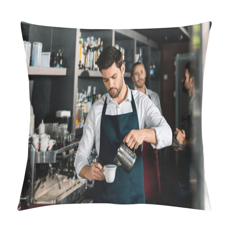 Personality  Adult Barista In Apron Pouring Milk To Coffee At Workplace Pillow Covers