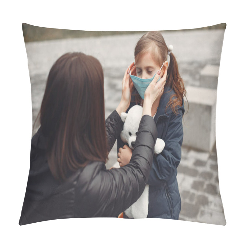 Personality  Woman In A Disposable Mask Is Teaching Her Child To Wear A Respirator Pillow Covers