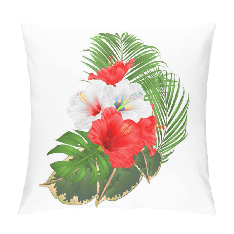 Personality  Bouquet With Tropical Flowers  Floral Arrangement With Beautiful White And Red Hibiscus And  Palm,philodendron  Ficus Vintage Vector Illustration  Editable Hand Draw  Pillow Covers