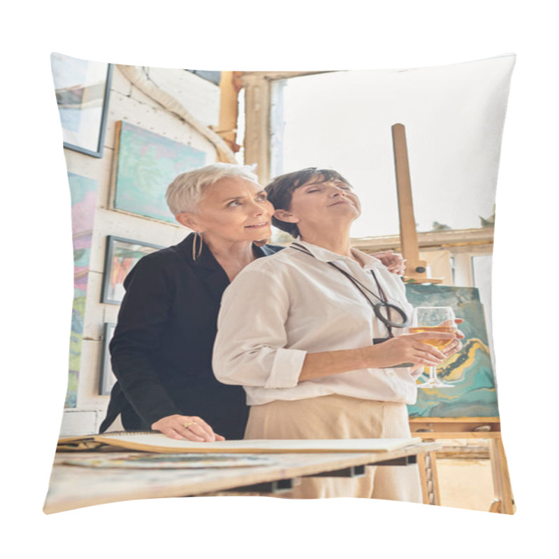 Personality  Mature Woman With Closed Eyes And Wine Glass Near Stylish Lesbian Partner In Contemporary Art Studio Pillow Covers