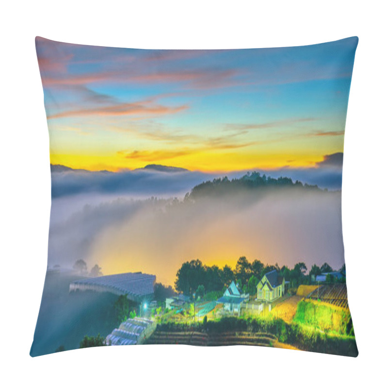 Personality  Sunrise Over Hillside As The Sun Rising From Horizon Reflect Light Bright Yellow Sky. Below Cloudy Mist Covered Valleys Flooded Pine Forests Create Impressive Beauty Highlands In Morning. Pillow Covers