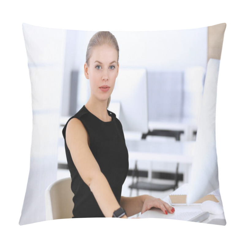 Personality  Business Woman Working With Computer While Sitting At The Desk In Modern Office. Secretary Or Female Lawyer Looks Beautiful In Black Dress. Business People Concept Pillow Covers