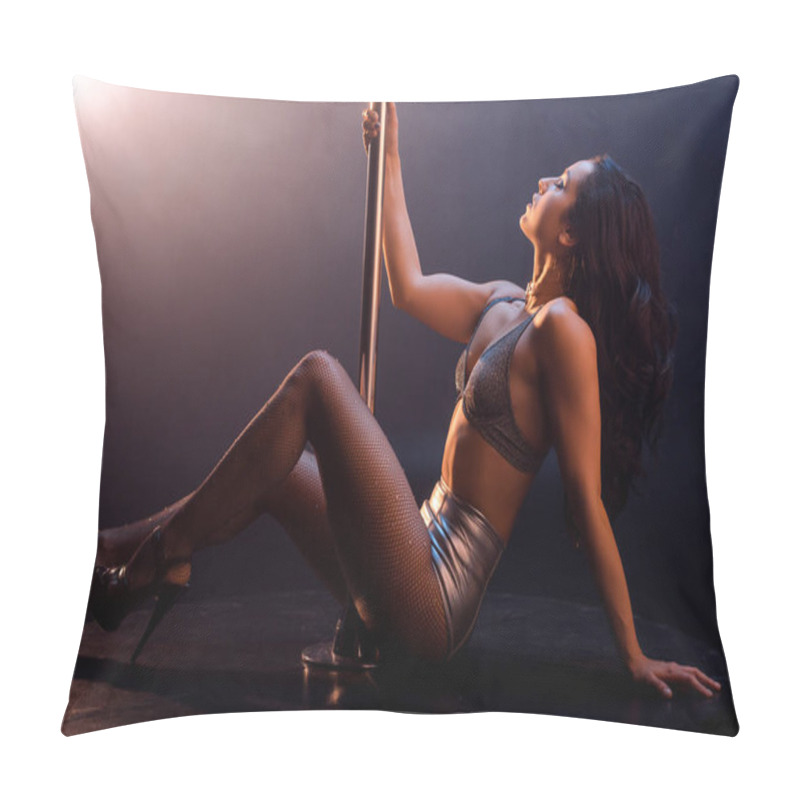 Personality  Side View Of Seductive Stripper In Lingerie Dancing Striptease Near Pole On Black Pillow Covers