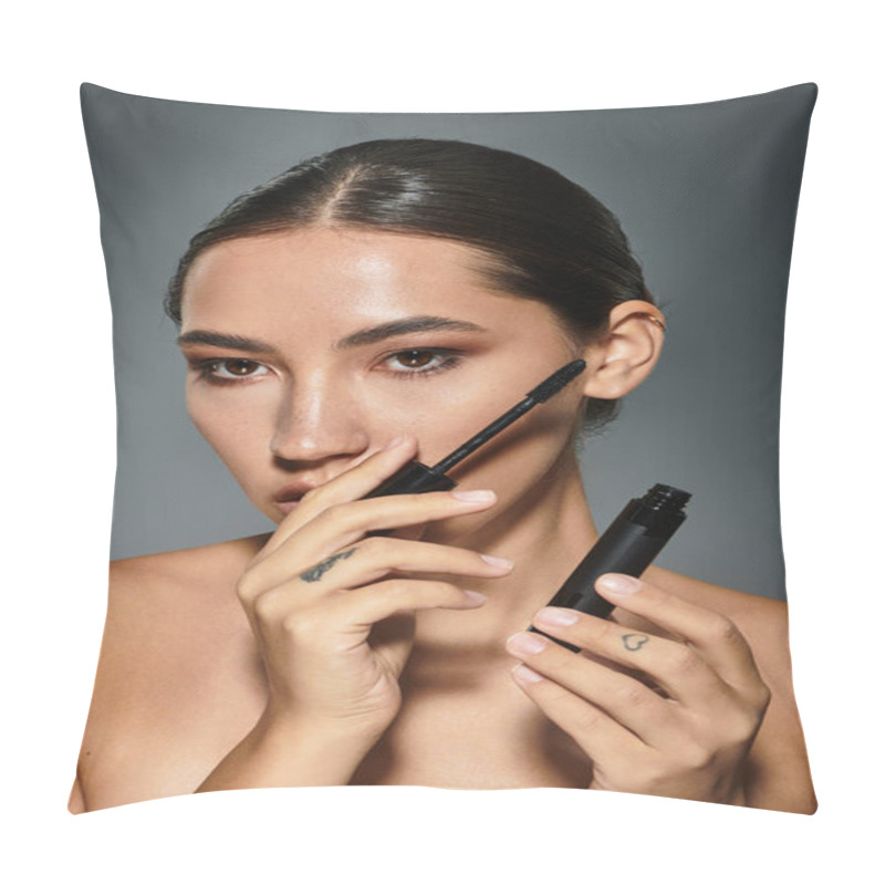 Personality  A Skilled Artist Enhances Her Natural Beauty Using Makeup Tools, Radiating Confidence. Pillow Covers