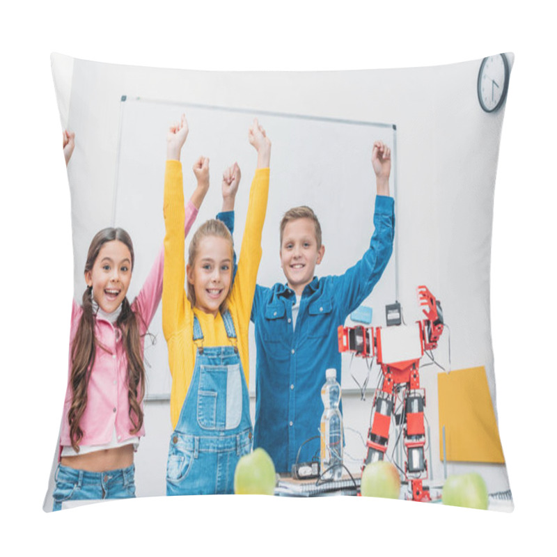 Personality  Happy Classmates Throwing Hands In Air And Rejoicing After STEM Robotics Class  Pillow Covers